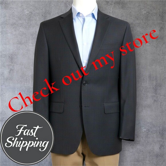 CALVIN KLEIN Men Blazer 46L Gray/Blue Wool Sport Coat 2-Button Jacket Windowpane - Picture 1 of 15